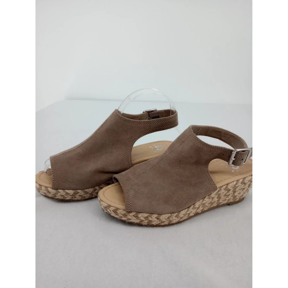 Justice Espadrille Wedge Sandals Kids Size 3 Brown Peep Toe Buckle Strap